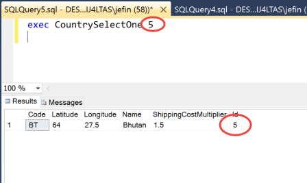 CountrySelectOne Stored Procedure Test